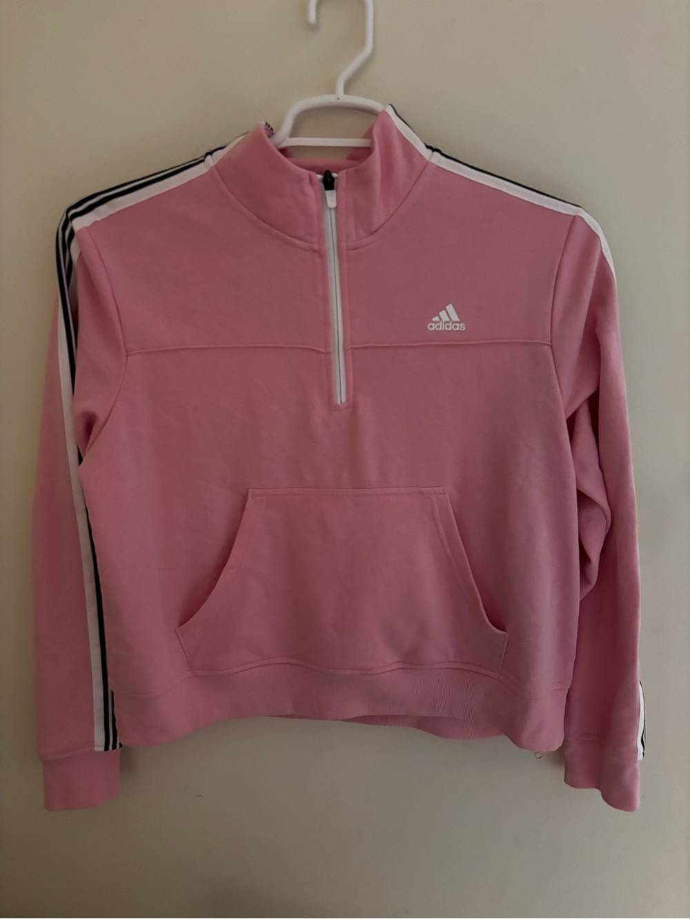 adidas Pink Quarter-Zip Turtleneck Sweatshirt with Black & White Stripes